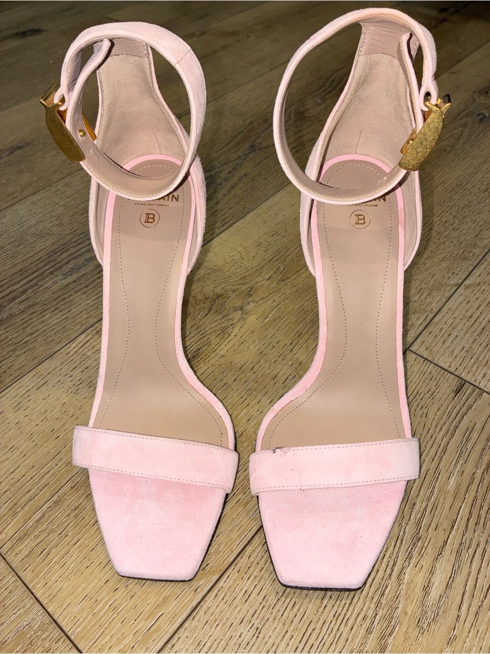 Balmain Uma Pink Suede Ankle-Strap Heels Sz 37